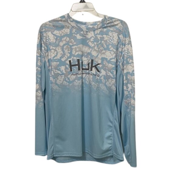 Huk Fishing Blue and White Icon X Reef Fade Performance Shirt Mens Size Large - Picture 1 of 9